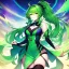 Placeholder: girl, masterpiece, best quality, volumetric lighting, detailed outfit, perfect eyes, long hair, green hair, green eyes, beautiful lighting, vibrant colors, smiling, thigh highs, ponytail, messy hair,