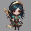 Placeholder: Aamela Rethandus is a dark elf healer with pale gray skin and red eyes with straight black hair a golden headband and dressed in healer outfit of dull-teal tan and browns, in chibi art style