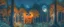 Placeholder: long distance view a library in forest with fireflies and orange mystic lights around trees that have wide leaves and broad trunked. Night with moon light.