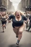 Placeholder: an obese terrified blonde woman in a crossfit outfit desperately running away from an angry mob of thousands of people chasing her down a city street