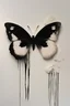 Placeholder: Mixed media painting with the lower half painted black and the upper half painted white, an irregular edge between the two halves, a small ultra realistic black butterfly sitting on the white half, dry brushing, textured painting, abstract, minimalistic