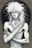 Placeholder: albino young male wizard with third arm extra eyes tendril hair in the style of aubrey beardsley