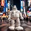 Placeholder: "CLAYMATION”, colossal off-white mottled crepey clay evil Lovecraftian marshmallow man walking in Times Square at night, kinetic, clay figures, clay scenery, sinister whimsey, oddball masterpiece, claymation