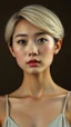 Placeholder: grant wood painting style , a portrait of a beautiful asian woman with very short blond hair , front view with dark brown side lighting background, ultra high quality with ceramic lighting