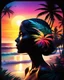 Placeholder: Stunning conceptual beach scene illustration in the silhouette of a woman's face. Beach with vibrant colors, sunset sky and coast with palm trees. Cinematic black background, looks like a window to a tropical paradise.12k 3D HD hyper-realistic Image quality CodeFormer AI 12K, cute flower fairy with bright wings like morning dew, flutters from flower to flower. Hair in curls, adorned with petals and pollen, mysterious phoenix woman, her silhouette made with interconnected and integrated elements