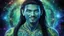 Placeholder: beautiful gorgeous young man na'vi with long hair, Avatar, blue skin, two small ears, green eyes, black hair, in cosmic suit, galactic ambiance, medium pointy goatee , smiling, nebulas and sacred geometry light figures on the backgroud,