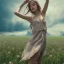 Placeholder: Woman, barefoot, flower field, dancing, windy, plain dress, beautiful face, long brown hair