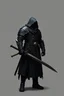 Placeholder: A faceless armored bulky commander with a black hood and a long coat with long combat boots and a big sword with grey to black background facing forward and a little to the right