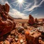 Placeholder: Close-up fantastic mineral constructions and multicolored concretions under a sparkling sky in a desert panorama, reminiscent of the fiery expanses of Mars