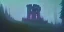 Placeholder: Ruined abandoned overgrown small castle tower in a dense coniferous forest, night, misty, atmospheric, fireflies