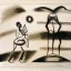 Placeholder: drawn in single line by Nicolai Blatter with hatch with parallel wavy lines metal engraving with african man dance procession in salvador dali style or picasso style