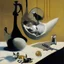 Placeholder: Abstract painting formed by a mix of human flesh-like surgical instruments and universe-like neuralink, a cat looking at a pigeon inside a huge bulb between light and shadow at dusk,surrealism,minimalism,Painting By Adrian Ghenie, Rene Magritte, Salvador Dali, Lucian Freud