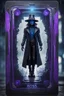 Placeholder: sacred geometry framed playing card, black, blue and purple noen cyber punk dancer thief in soaked rain coat and cowboy witch hat shadows boss card in the style of Giger and fallout 4 ,,bokeh like f/0.8, tilt-shift lens 8k, high detail, smooth render, down-light, unreal engine