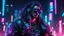 Placeholder: male cyberpunk solo with long hair, korean, Wearing Urban Gang Flash and mirrored dark sunglasses, and shot gun, headaphone, strong cyber warrior, black tatoo, attrakvtive man, Retroanime, rembradt lighting, neon complementary colors, dark vibe, scifi