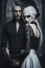 Placeholder: Close up of an Attractive goth man holding his goth girl, he is looking mysteriously at the camera with her back faced to the camera. Dark eyes, White hair, ,super realistic, smoky background