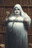 Placeholder: ghost of a scholar fat female with a key in a library