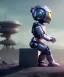 Placeholder: little girl sitting inside a big robot suit, white and purple