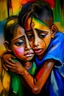 Placeholder: a girl hug her brother and both crying sadly, expressionism, Pixar style, in abstract art Basquiat, Picasso, Miro, Kandinsky, Klee, Birell, Fairey, Ardon, Buffet aand Picasso style, HD --s 750 --v 5.1 --style raw, water color