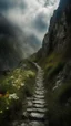 Placeholder: narrow stone path above the ground gradually getting higher into the clouds no railings, dangerous drop people in black leathers medievil period weather is wet spiraling into the clouds fantasy, a mountain with waterfall showing in the background