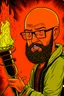 Placeholder: Firestarter animateur radio hardrock with a microphone. He has no hair. He has a beard. Je has glasses. He's about 50 years. Seems angry. Flames all around