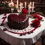 Placeholder: heart shaped chocolate cake, red and brown sprinkles, red roses lying beside cake, red wine, botanical, on romantically set table with white tablecloth, romantic cozy dark wood and brick restaurant, candlelight soft light,, Visual for 3D hyperrealistic gourmet design, backlighting, white chocolate veiny drizzles, stunning