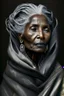 Placeholder: a photo of an Somalian woman with ethnic jewelry, grey hair and grey flowing robe, in style of Annie Leibovitz, contemporary portrait of a mature yet beautiful and modernist woman, black and grey, detailed feminine face, swirling fluid smokey enigma, award-winning artwork