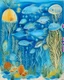 Placeholder: A blue underwater reef with fish and jellyfish designed in German folk art painted by Maurice Utrillo