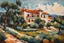 Placeholder: palette knife painting of a placid Spanish villa set amidst surrounding olive groves , in the Expressionist style of Egon Schiele, Oskar Kokoschka, and Franz Marc, highly detailed in muted natural colors with fine detail outlining and shading