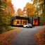 Placeholder: Cozy forest retreat, futuristic modern house in an autumn forest of vibrant colors. Contemporary design with clean lines and large windows, which radiate a feeling of warmth and comfort. A white car parked on the winding driveway leading to the house adds a touch of modernity to the rustic surroundings. The path is dotted with fallen leaves. Around the house, dense mix of green, orange and yellow foliage. 8k