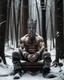 Placeholder: man sitting on a throne in a relaxed laid back style, middle of a snowy forest, muscular athletic physique, wearing a ancient iron carved face mask over face,