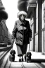 Placeholder: street, old lady with old poodle walking, model style, hyper realistic, accurate, delicate, extremely detailed, Graphic novel style, wide-angle, front view, open aperture, superfine pencil