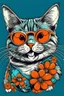 Placeholder: A groovy CAT with a wide, toothy grin, rocking sunglasses and a flowered shirt. Style: Pop Art, Mood: Fun and Funky, Lighting: Bright sunlight, T-shirt design graphic, vector, contour, white background.