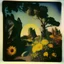 Placeholder: Polaroid photo of a peaceful marvelous landscape, trees, flowers, giant sun, bas-relief, decal, very spooky figure, intricate, rock formations, atmosphere of a Max Ernst painting, Henri Rousseau, thoughtful, interesting, a bit appalling, smooth