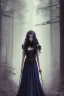 Placeholder: A princess in a dark indigo dress and very long black hair walks through a dark forest full of trees with her knight