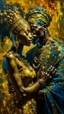 Placeholder: Side profile of an African King with her aspirations behind her standing . Holding her man hugging with love and romance,Opulent Van Gohn style painting, Busch painting style nightmare