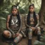 Placeholder: From a bird's eye view, two feral indigenous girls, adorned with tattoos and tribal jewelry, sit under a lush tree with sniper rifles in hand. Their military uniforms blend with tribal patterns, symbolizing a fusion of tradition and modernity. The girls exude a sense of resilience and wisdom, their eyes sharp and vigilant. The dappled light plays upon their faces, casting shifting shadows in a mesmerizing display. Behind them, an oasis unfolds - aqua blue ocean, luminous green waters, and white