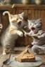 Placeholder: mother cat chasing baby cat with wooden spoon eating cake with wooden spoon at 70th bithday party