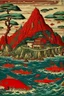 Placeholder: A red volcanic island with dolphins designed in Matryoshka dolls painted by Utagawa Hiroshige