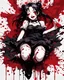 Placeholder: Petit girl goth, lying pose, fullbody, anormal, smile, behind blood guts splashes rising from the ground, illustration by <Yoji Shinkawa>, darkred tones,