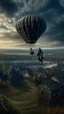 Placeholder: A man in a parachute in the sky on top of a village 1200 bc ,surrealism of the dark of a nightmare ten miles high and six foot deep, hyper photorealistic, hyper detailed dark art color, high resolution, fog, octane render, tilt shift, HDRI Environment, all pictures dark gray