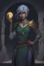 Placeholder: Dnd character in a dark cave. Leaning against a wall. A female Elf twilight cleric with super curly, super short, dark blue hair and golden eyes, wearing gray and dark green robes. A moon tattoo in her face. Etheral, muscular, strong.