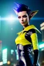 Placeholder: Futuristic anime elf, waist up portrait, physically fit, latex and leather attire, green and yellow hair, blue eyes, one pair of ears, intricate eyeliner, vibrant eyeshadow, clear completion, soft lighting, 4k resolution, intricate details, insanely detailed, colorful cityscape background, masterpiece, expert, cinematic smooth, retroanime style, realistic details, no helmet