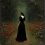 Placeholder: Night, one woman in black dress from behind at left, forest, red flowers, vegetations, creepy, gloomy, gothic dark influence, oscar bjorck paintings, and carl bloch paintings