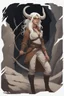 Placeholder: A Dnd character with a long tail and small horns in a dark cave. A female Tiefling archeologist with white skin, white hair wearing glasses, in brown adventurer's clothes. Cunning, beautiful, cool.