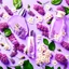 Placeholder: a bottle for cosmetics and a cream jar lie on a beautiful lilac floral background, the picture is top view, in the background there are beautiful spring flowers and a drop of cream, high-quality picture, top view