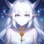 Placeholder: cosmic mage, elf, female, cosmic magic, long ears, white hair, face details, pale skin, jewellery, broad shoulders, sharp ears, cosmic clothes, cosmic eyes, ears shown, the cosmos in eyes, shining eyes, thin face, detailed ears, magical eyes, closed mouth, make up, smiling face, happy face, pointy ears