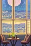 Placeholder: It's a starry night, with a luminous crescent moon, and from the balcony of an elegant luxury apartment, a view of a city with a hill and a river, lights in the windows of the houses. On the balcony, a dining table with a tray with a bird pattern, pizza and wine in starlight