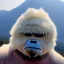 Placeholder: Yeti, wildfires in the background, mountains