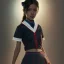 Placeholder: Jenna ortega with black school uniform, seifuku, pleated miniskirt, overknee socks, painted by artgerm and tom bagshaw, fantasy art, dramatic lighting, highly detailed oil painting, volumetric lighting