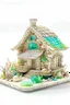 Placeholder: outline art, a miniature house crafted from iridescent seashells, positioned on a sandy beach. The roof is formed from overlapping shells, and the interior is filled with treasures from the sea, only outline, clear line art, white background, no shadows, no tones color, no detailed artwork, clear and well outlined.